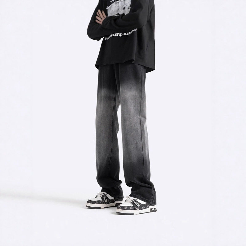 American-Style Gradient Jeans for Men, Spring High Street Trendy Loose Vintage Straight-Leg Pants, Casual Versatile Vibe Flared Pants