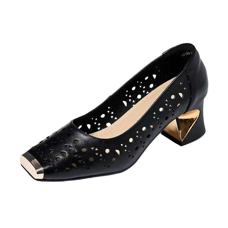 2026 nueva primavera y verano hueco de cuero suave zapatos de tacones de cuero suave zapatos de cuero cuadrado no cansados zapatos de tacones altos