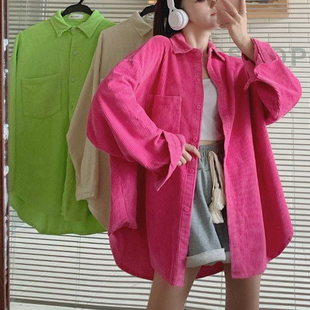 灯芯绒玫红色衬衫外套女2025秋季中长款宽松慵懒风长袖衬衣上衣