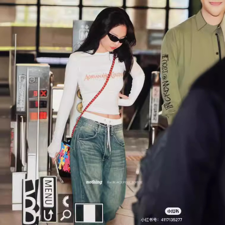 jennie's Same Korean Niche Design YOUHEE Fake Two-piece Double-waist Washed Distressed Loose Jeans for Women