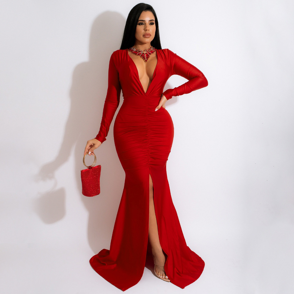 Solid Color Sexy V-Neck Slit Dress NSMYF94770