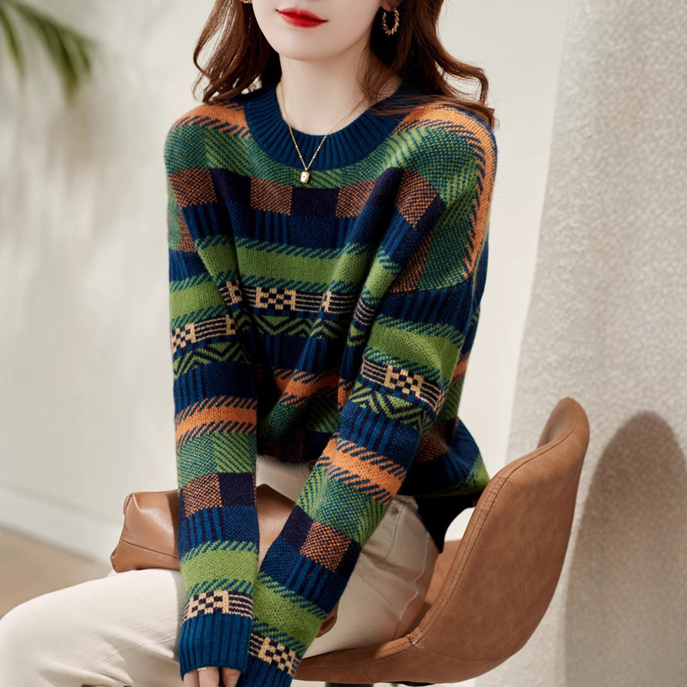 2022年新款慵懒风秋冬打底衫撞色条纹毛衣女士宽松外穿针织衫时尚