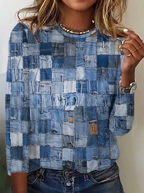 Amazon 2023 European and American Cross-Border Women's Clothing Export New Imitation Denim Printed Long-Sleeved Women's Tops European and American Trendy