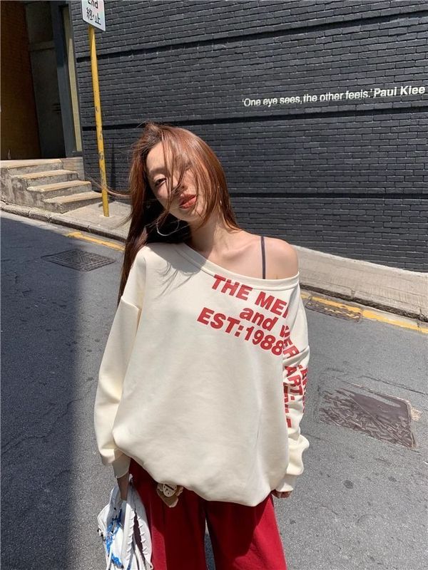 美式辣妹斜肩长袖t恤卫衣女早秋季2025新款宽松慵懒风设计感上衣|undefined