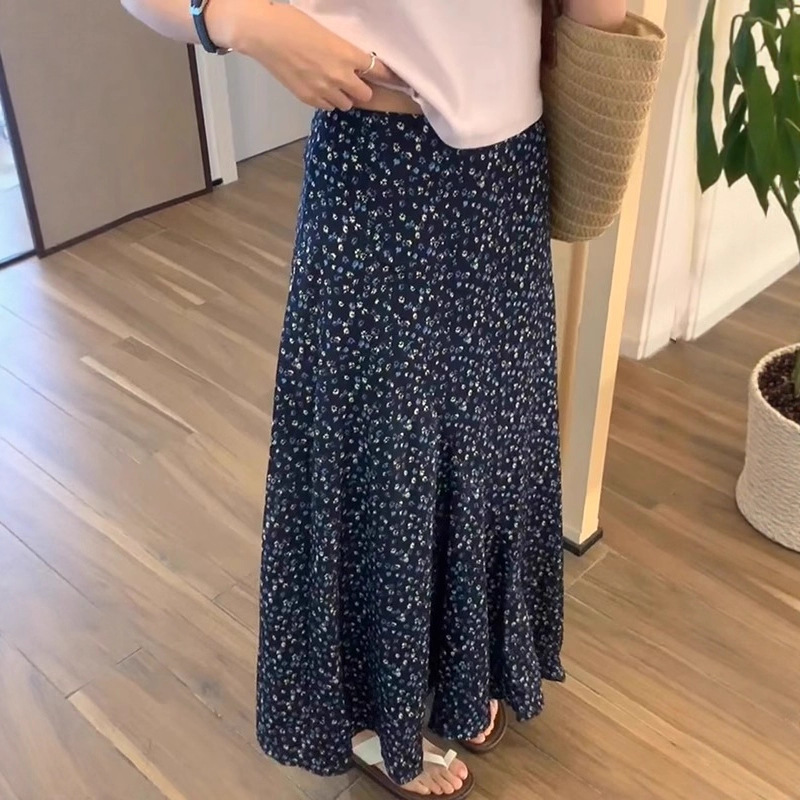 不规则藏青色碎花半身裙女夏季2025新款气质好看裙子长裙a字半裙|undefined