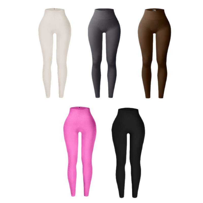 Pantalones cortos y largos de mujer ajustados y acanalados de estilo europeo y americano, de alta elasticidad, color liso, efecto levantamiento de glúteos, leggings de yoga y fitness.