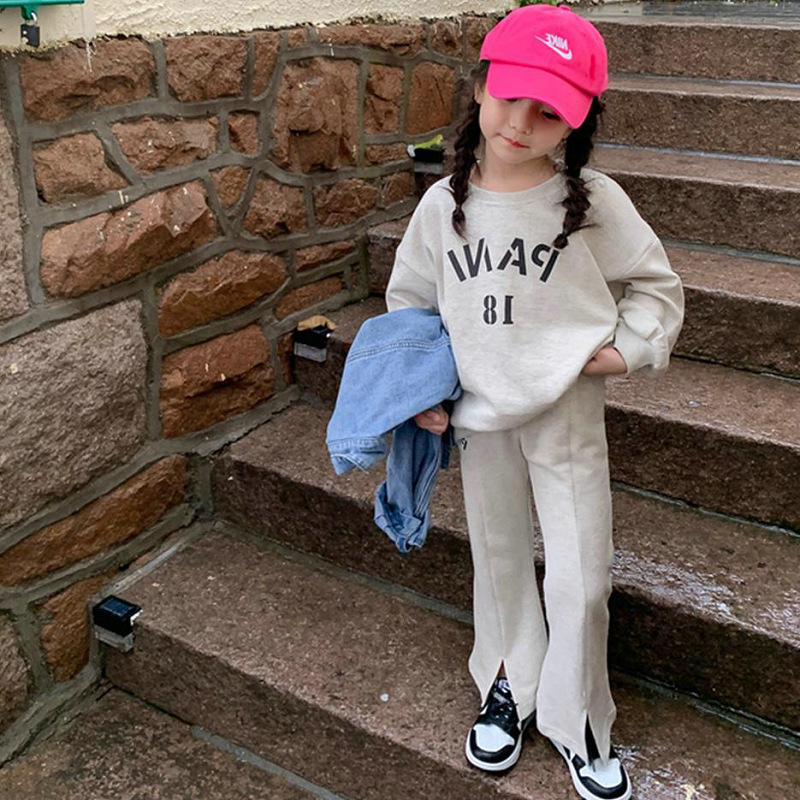 Girls' Fleece-Lined Thickened Letter-Print Sweatshirt and Long Pants Set, Autumn/Winter New Foreign Trade Children's Clothing for Ages 3-8