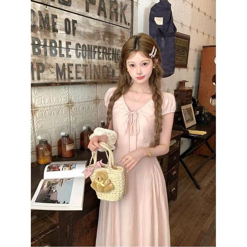 Pink Long V-Neck Waist Short-Sleeved Dress for Women 2025 Summer French Retro Loose Slimming Look A-Line Skirt Trendy