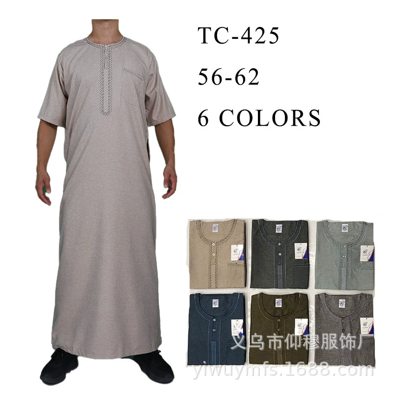 Мужская рубашка с коротким рукавом из хлопка и льна, прямые поставки с фабрики, круглый вырез, изысканная вышивка в марокканском стиле, с карманом на пуговицах.