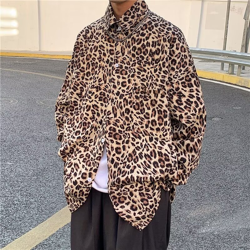 2025 Autumn Men's Leopard Print Long Sleeve Shirt Korean Style Trendy Brand Casual Handsome Shirt Ins Internet Celebrity Same Style