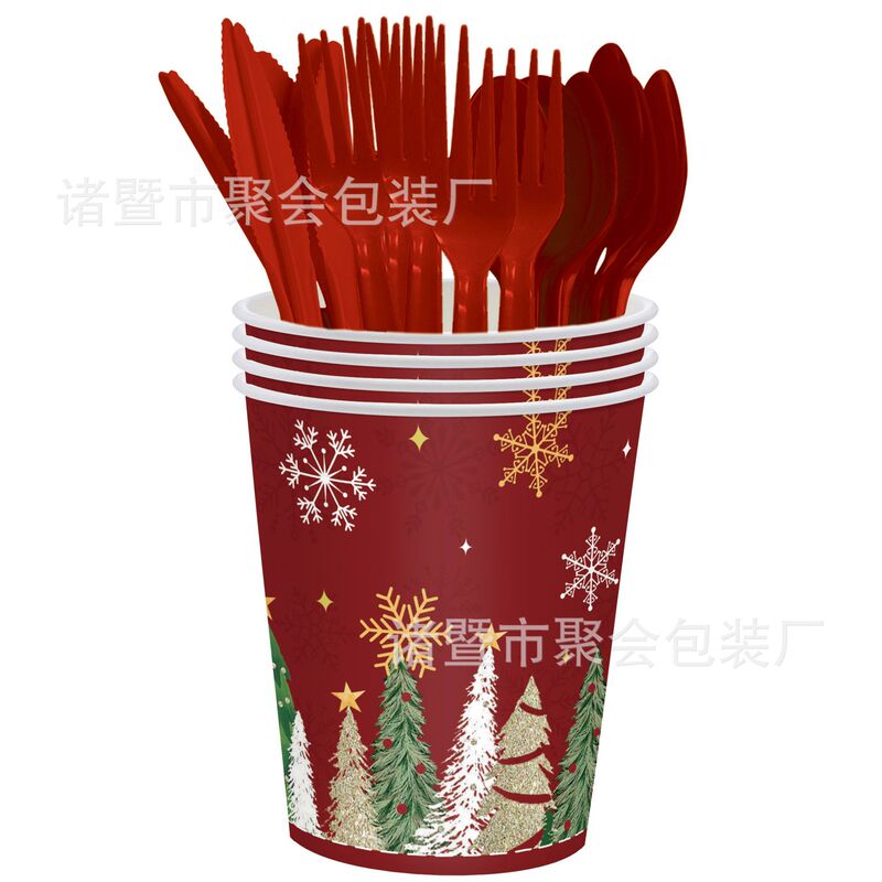 跨境新款松树圣诞节派对用品复古印花一次性桌布pe红绿色餐具套装|undefined
