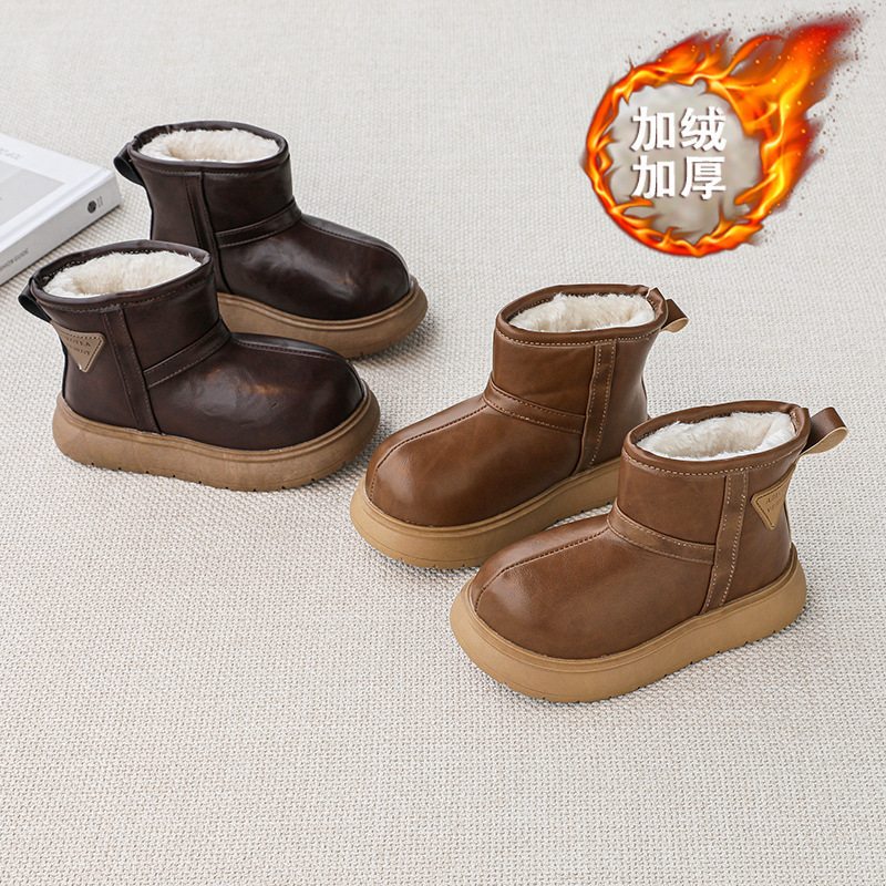 Niños cuero impermeable padres-hijos zapatos de nieve para niños y niñas calentamiento de lana gruesa zapatos de algodón grueso suela gruesa 2025 invierno