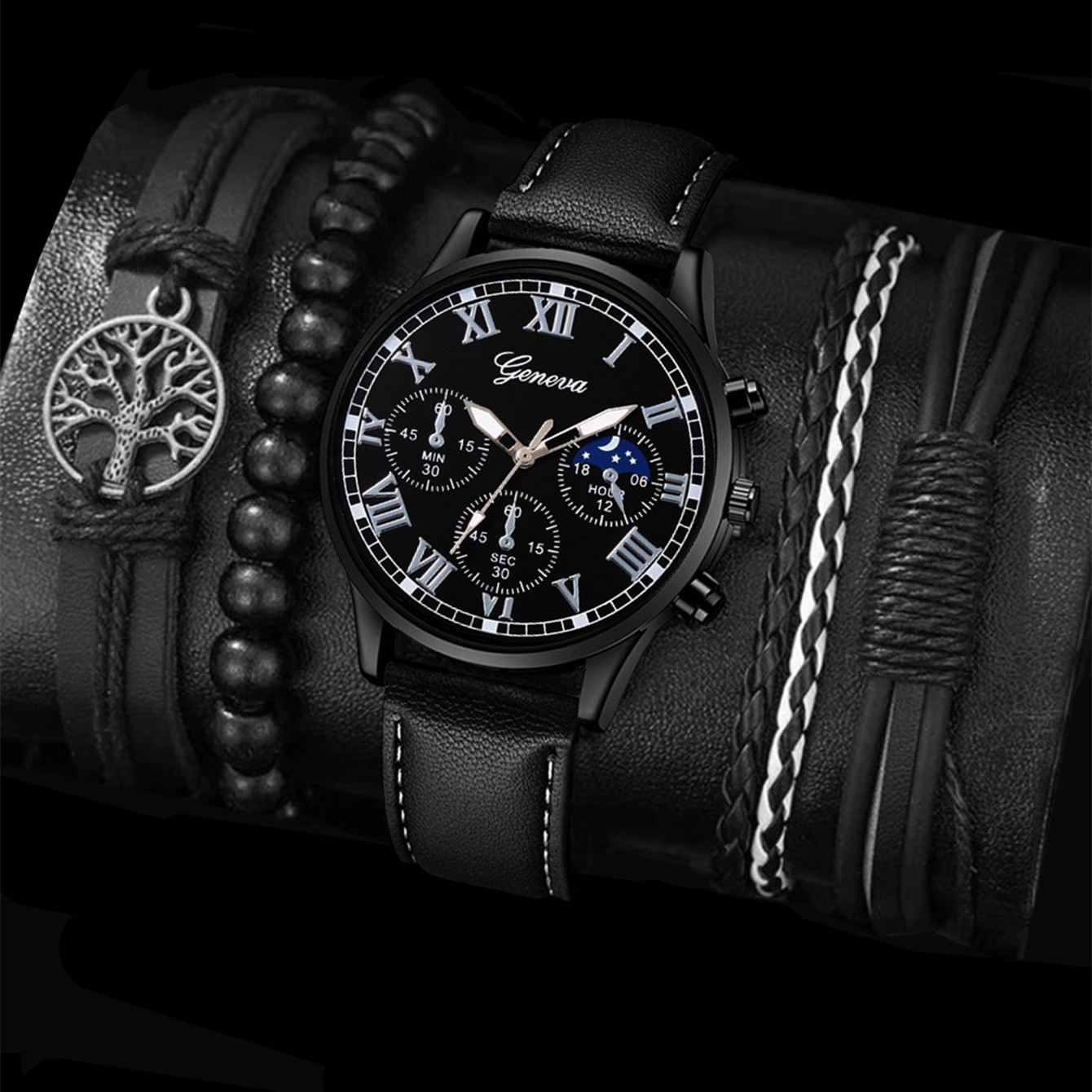 新しい外国貿易の爆発の男性の3つの目のビジネスのレジャーのファッションの潮流のベルトの石英の腕時計は編みのブレスレットをプラスします。