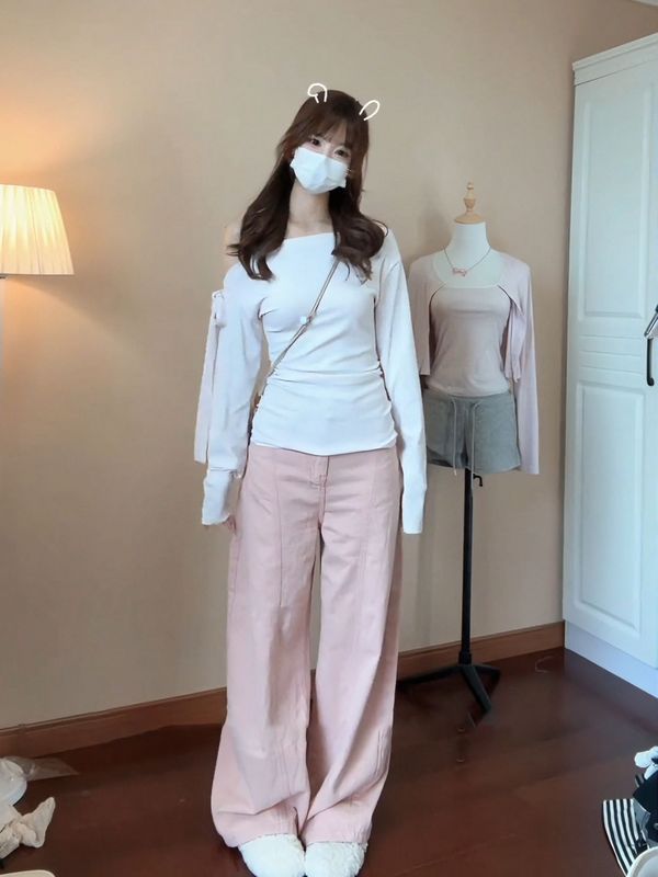 条纹斜肩绑带蝴蝶结长袖t恤女秋季纯欲风辣妹修身设计感露肩上衣|undefined