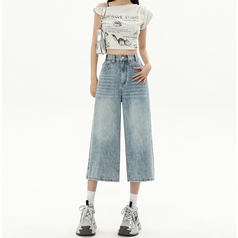 High-waisted cropped jeans for women, summer 2026, thin style, slimming, for petite figures, elastic waist, plus size, wide-leg pants for plus-size women High-waisted cropped jeans for women, summer 2026, thin style, slimming, for petite figures, elastic waist, plus size, wide-leg pants for plus-size women