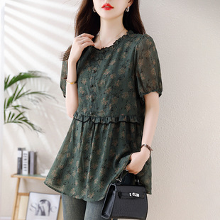 2025 New Plus Size Women's Fat mm Chiffon Floral T-Shirt Tops Loose Flesh-Covering Slimming Look Short-Sleeved Shirts for Women