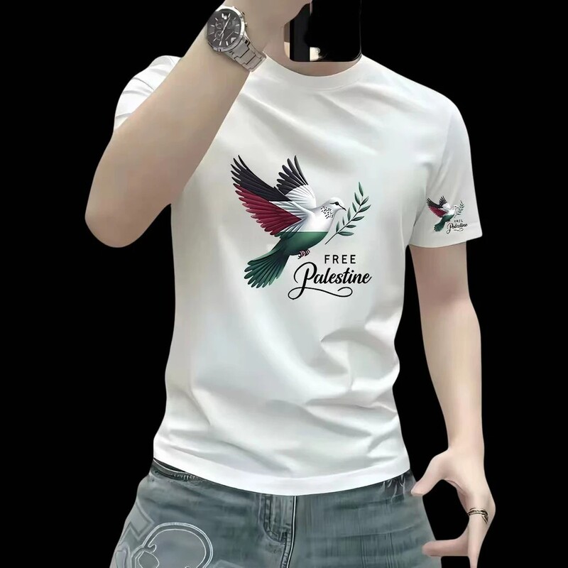 2026 Summer New Short-Sleeve Versatile Fashion Creative Peace Dove Print T-Shirt Men's Trendy Brand Round Neck Top Ins