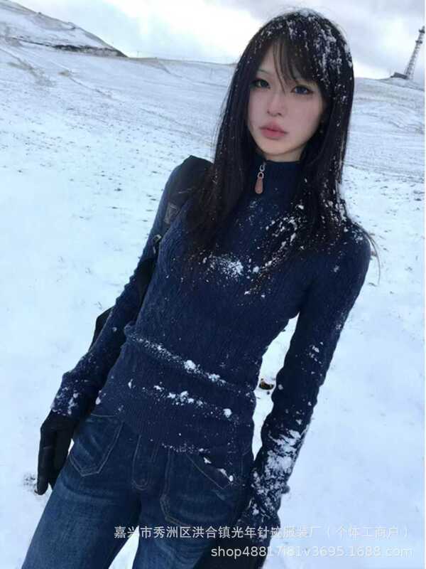 藏青色半拉链麻花毛衣女春秋冬修身显瘦设计感软糯温柔百搭针织衫|undefined
