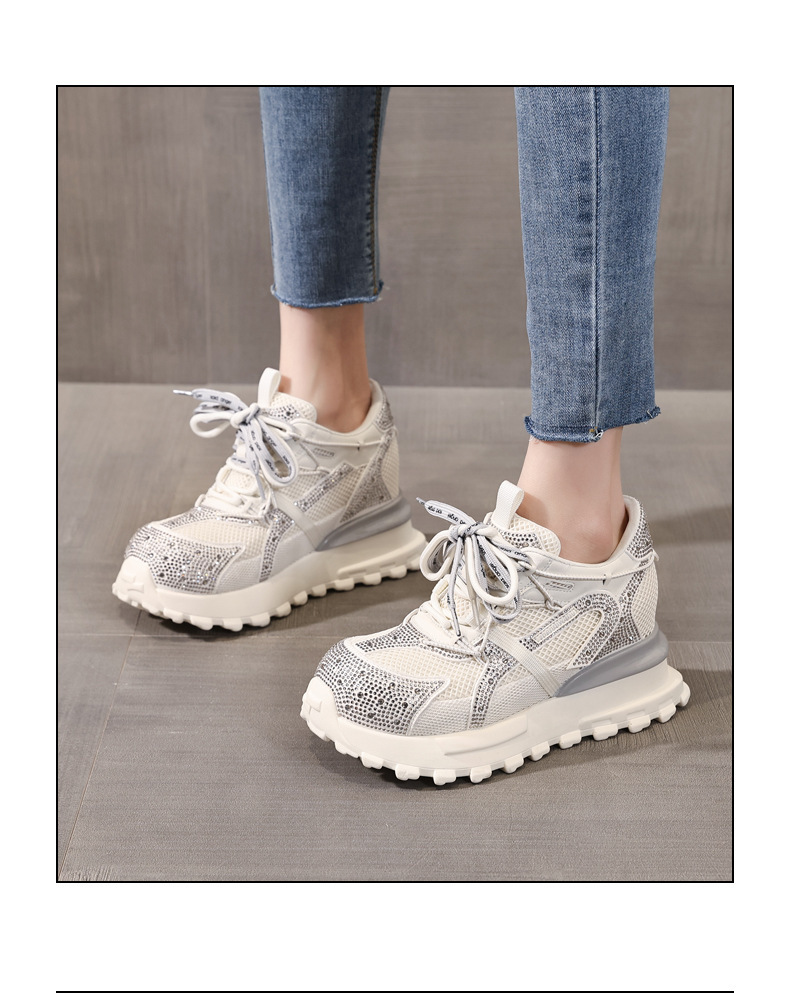 Giày sneaker nữ chunky đế dày lưới phối đá rhinestone — màu trắng chi tiết 16