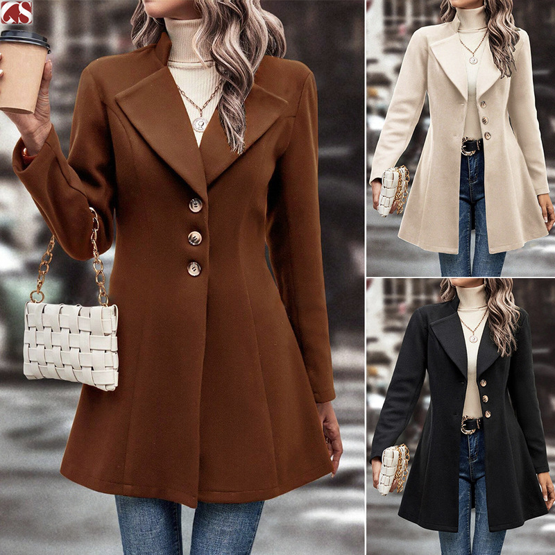 European and American Foreign Trade Hot-Selling Amazon Cross-Border Women's Autumn and Winter Lapel Slim-Fit Woolen Solid Color Stylish and Elegant Coat European and American Foreign Trade Hot-Selling Amazon Cross-Border Women's Autumn and Winter Lapel Slim-Fit Woolen Solid Color Stylish and Elegant Coat