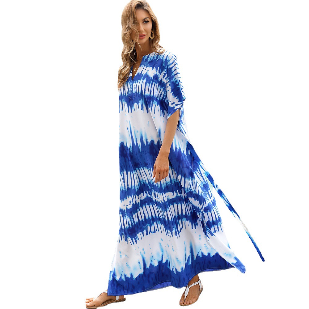 Blusa de playa de secado rápido azul y blanco que florece bata suelta camisa de protección solar junto al mar vacaciones falda bikini blusa 1D30