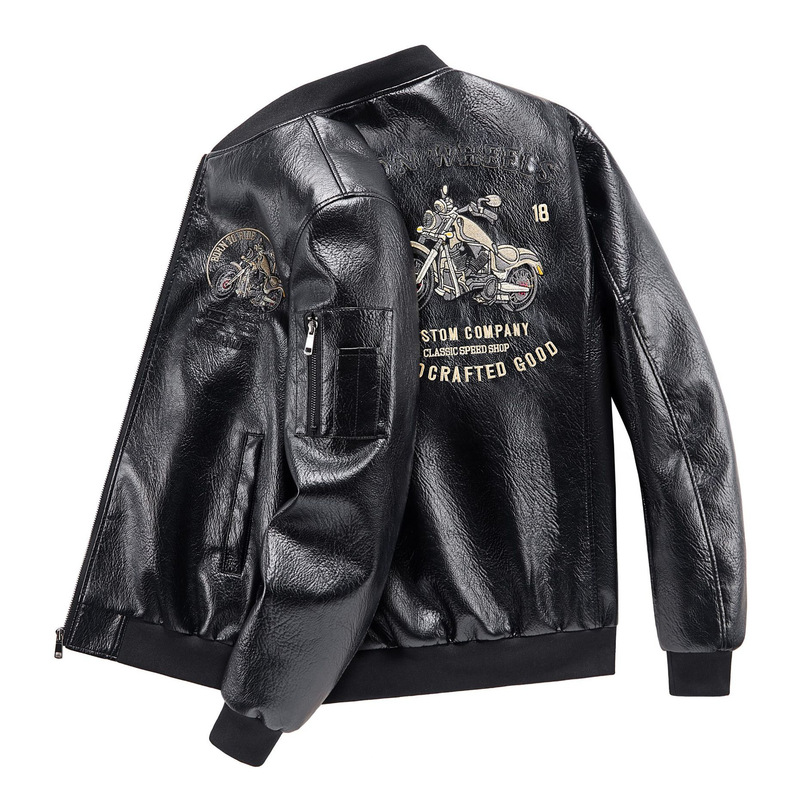 Plus Size Motorcycle Embroidered Stand Collar Jacket Men's Trendy Leather Jacket Loose Motorcycle Flight Jacket Plus Velvet Leather Jacket