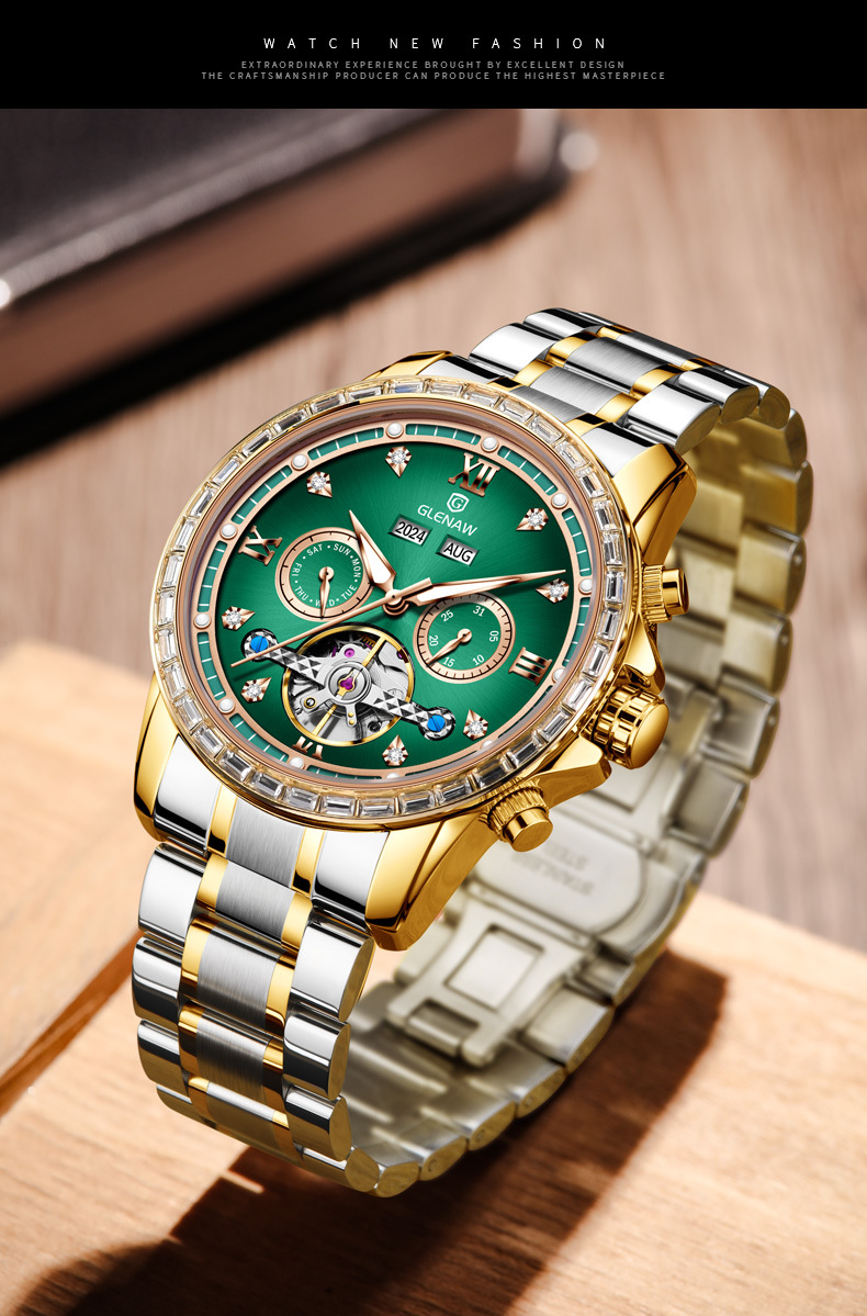 Đồng hồ nam automatic lộ máy dây thép — Xám mặt bạc vỏ bạc dải thép, Dải thép Intergold, Dải thép đen vỏ bạc, Hồng Shell Green Side thép dải chi tiết 3