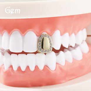 Cross-border European and American micro inlaid zircon hip hop braces personality exaggerated real gold plating single big gold teeth rap accessories