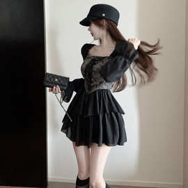 2025新款高级感不规则拼接蓬蓬裙女秋季盐系甜美方领小个子绑带裙