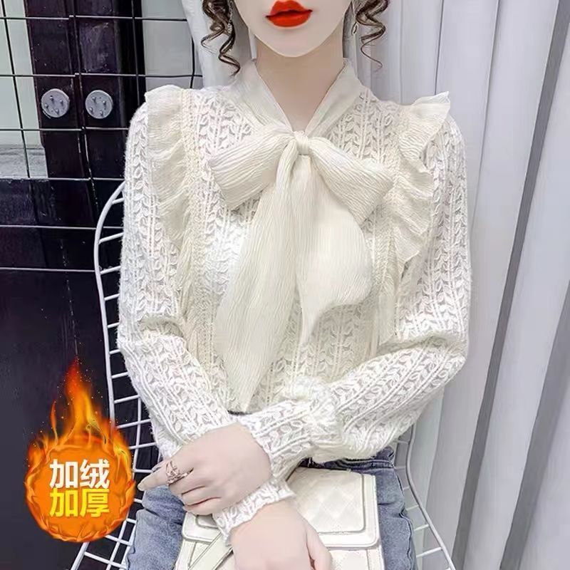 2025法式蝴蝶结加绒加厚蕾丝衫系带衬衫秋冬荷叶边长袖打底上衣|undefined