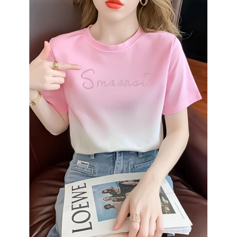 Fashionable Gradient Short-Sleeved T-Shirt for Women Summer 2025 New Design Niche Fashion Letter Print Top Trendy