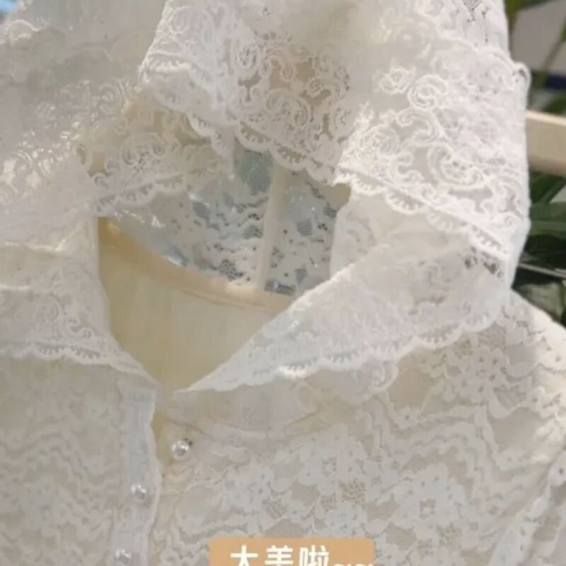 新品感拼接花边连帽蕾丝衫女春秋钩花镂空叠穿打底内搭上衣雪尼尔|undefined