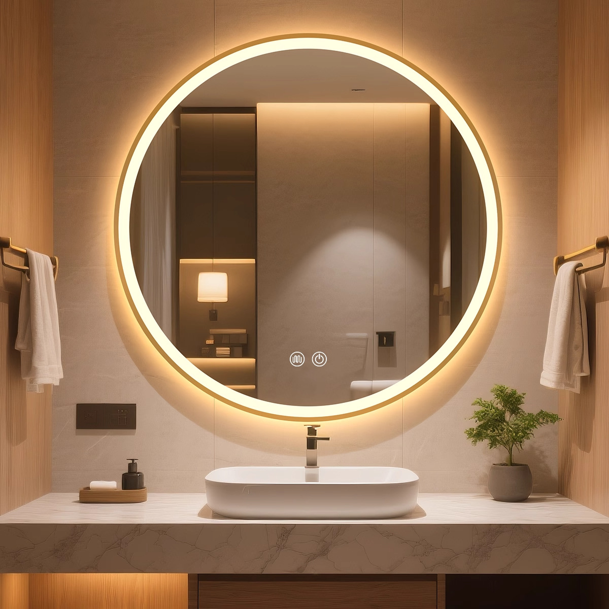 Espejo de baño inteligente Espejo circular Espejo de pantalla táctil Espejo luminoso Espejo de maquillaje montado en la pared Espejo de maquillaje anti-fog