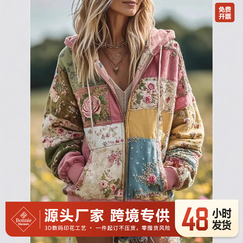 European and American Cross-Border Amazon Temu Women's Retro Viking Color-Blocking Floral 3D Print Hooded Zip-Up Sweatshirt European and American Cross-Border Amazon Temu Women's Retro Viking Color-Blocking Floral 3D Print Hooded Zip-Up Sweatshirt