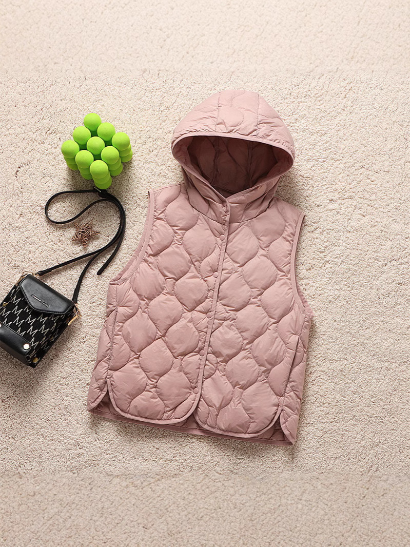 2024 moda corta ligera chaleco de pluma encapuchado invierno invierno hombro delgado calentamiento universal chaleco de hebilla de fila única
