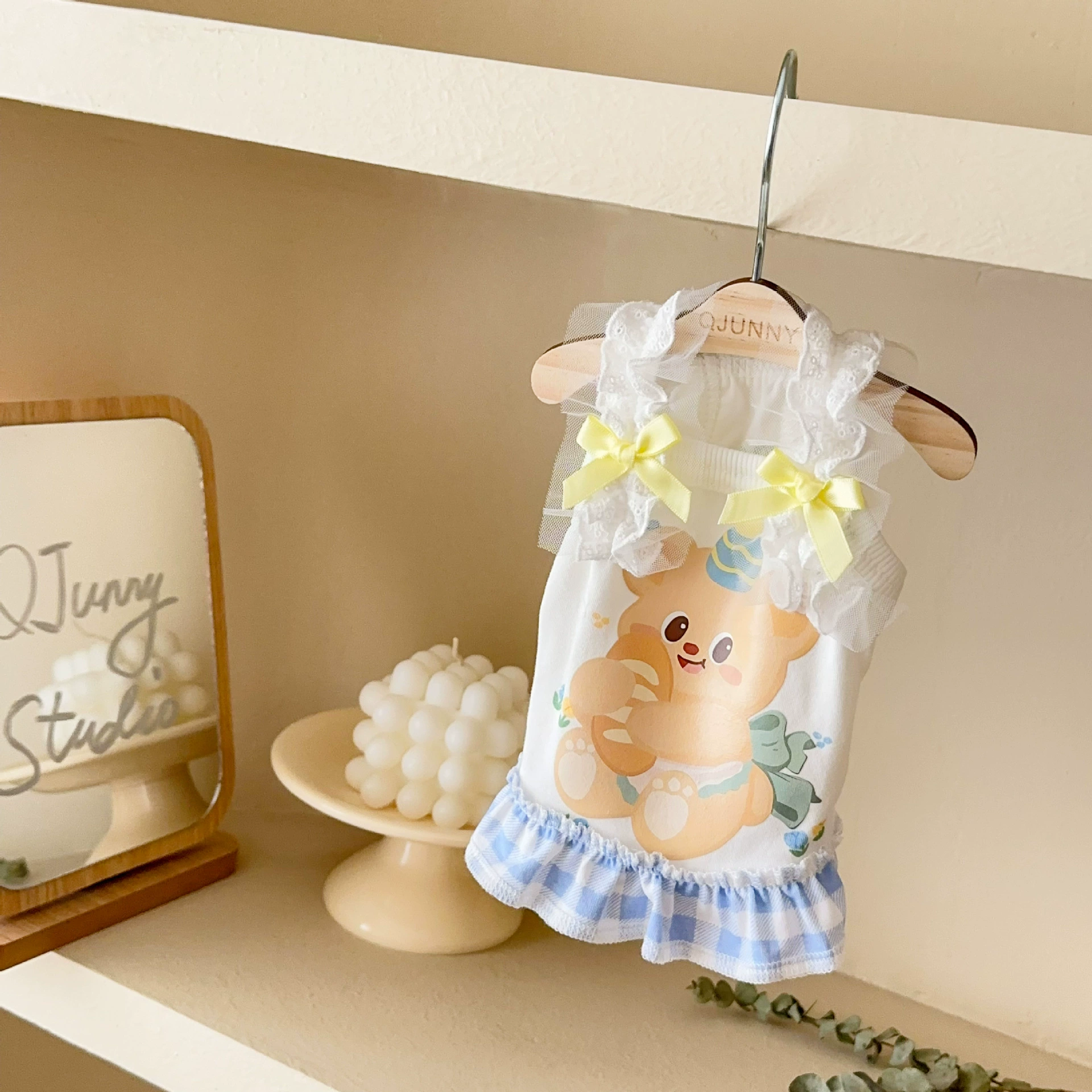 25 корейских весенне-летних домашних хлопковых синих клетчатых кружевных жилетов с медведем для собак и кошек, одежда для собак маленького размера