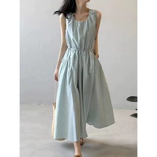 简约宽松连衣裙女夏季新款韩版休闲设计感抽绳收腰无袖背心裙