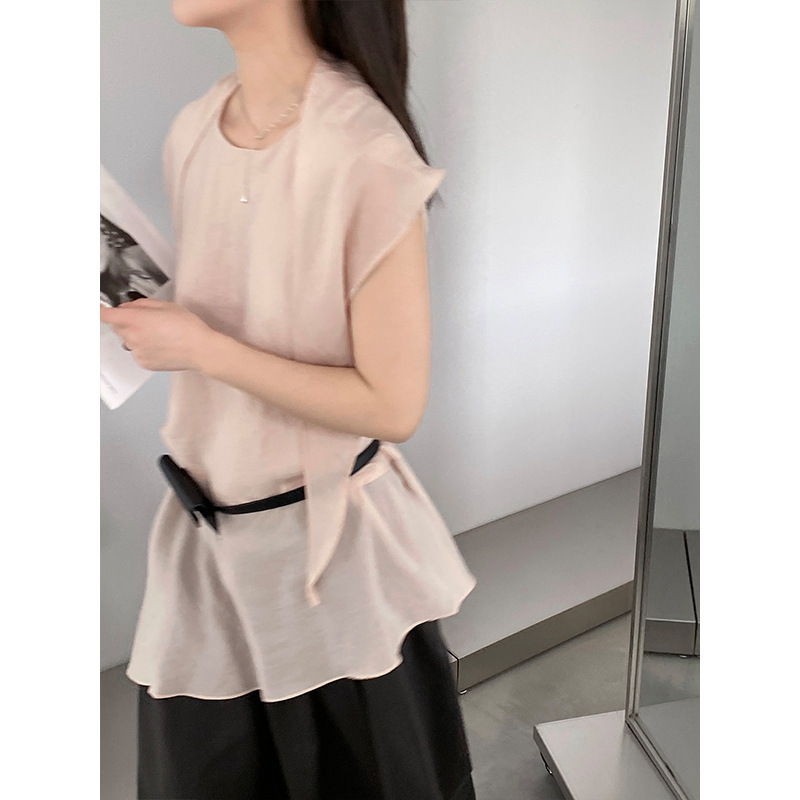 Jiangzuo Lightweight Tencel Korean-Style Simple and Elegant Tie Collar Shirt for Women, Summer Sleeveless Mid-Length Top 8156 Jiangzuo Lightweight Tencel Korean-Style Simple and Elegant Tie Collar Shirt for Women, Summer Sleeveless Mid-Length Top 8156
