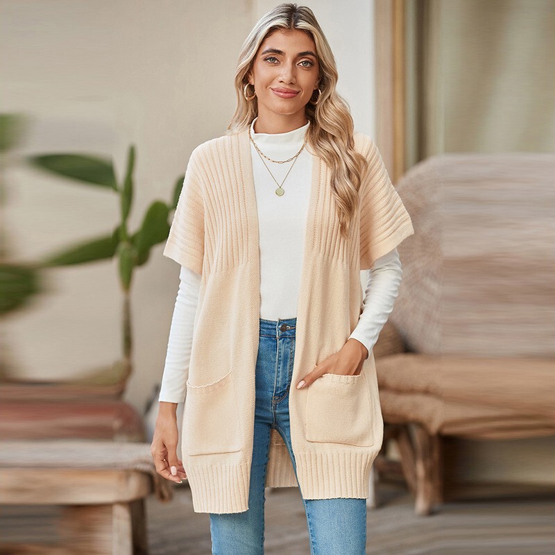 2025 New Autum Pure Color Short-Sleeved Cardigan for Women European and American Long Simple Versatile Knitted Knitwear with Flap Pocket Pantss for Women