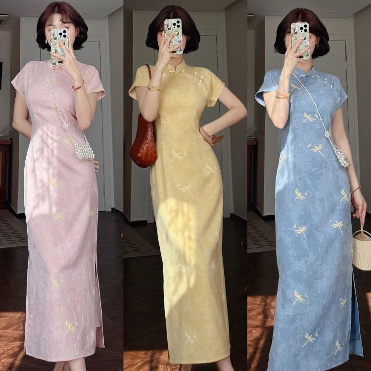 Jingshanying - Summer New Chinese Style Improved Little Dragonfly Print Unique Raglan Sleeve 2025 Summer New Women's Cheongsam