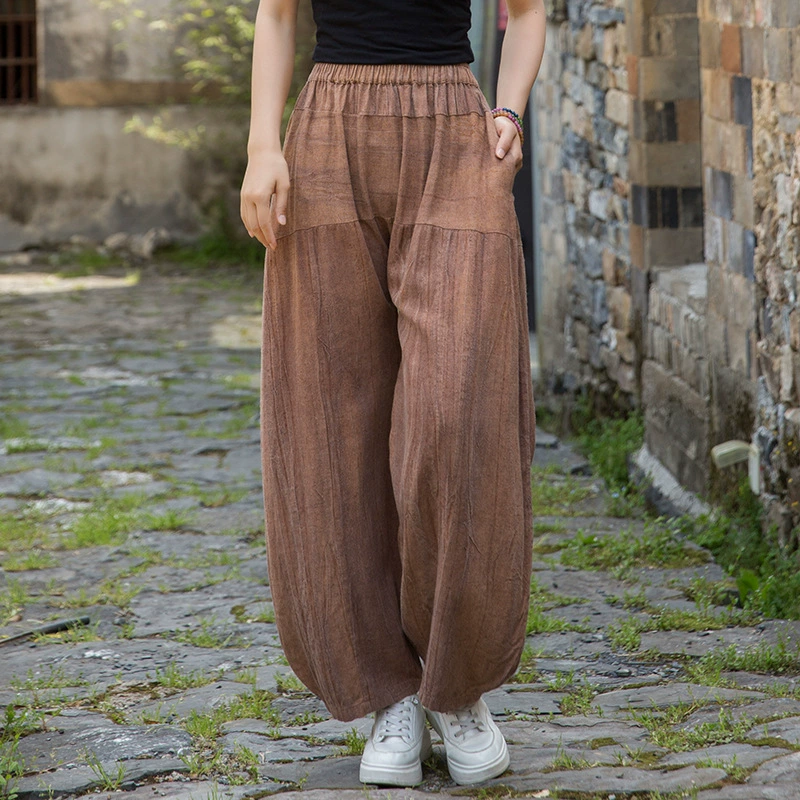 Новые женские брюки-шаровары из хлопка и льна с эффектом тай-дай и потертостями, осенние, повседневные, универсальные, для медитации и в стиле дзен, 2025
