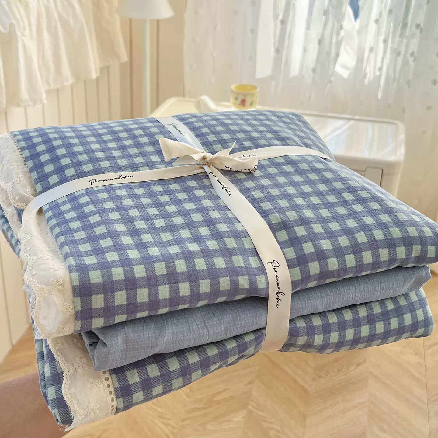 A类皱皱纱双层纱全棉花边四件套单人被套床单床笠款套件一件代发