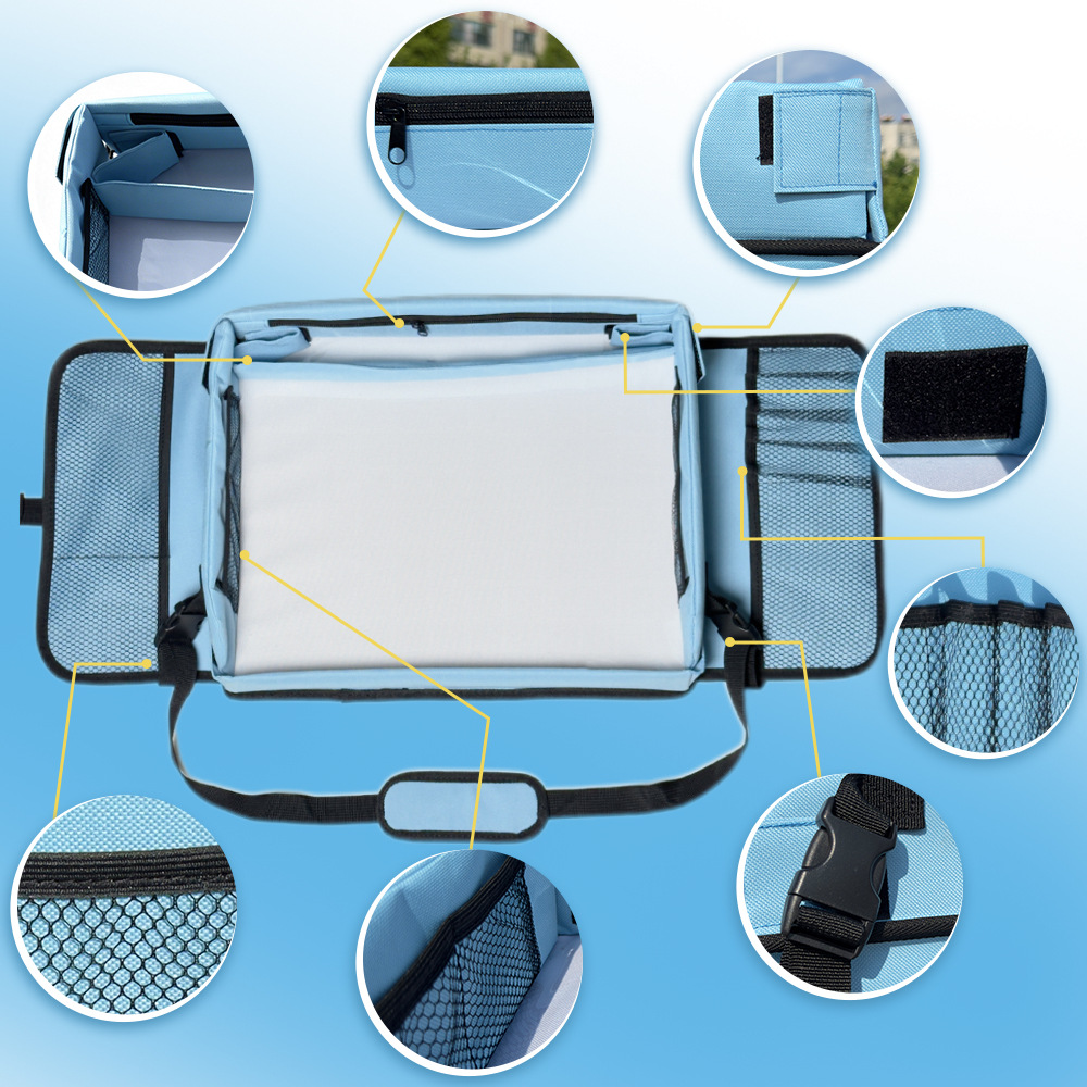 Foldable and portable baby drawing board for car use, suitable for car seats and strollers, serving as a play and storage tray