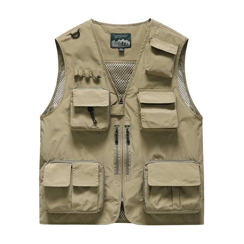 【7898】Men's Thin Vest for Outdoor Activities with Multiple Pockets, Suitable for Fishing and Photography, Large Size Vest with Printed Workwear Design