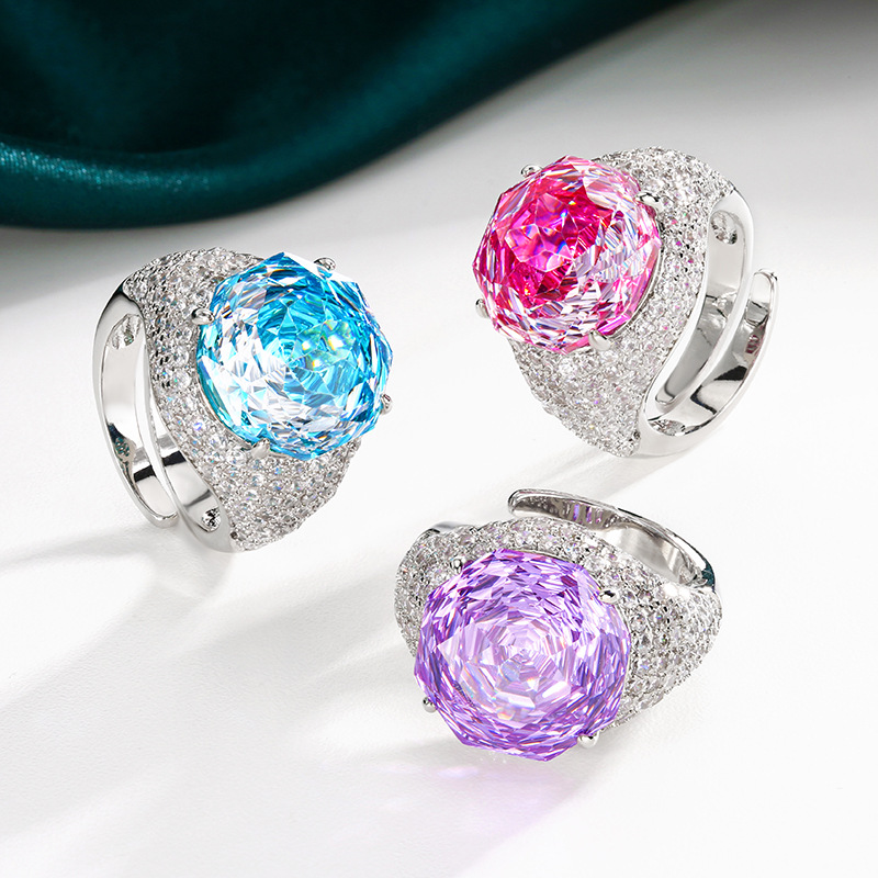 2025 nueva joyería Zhuangsheng fondo de cobre chapado en oro simulación rosa corte color temperamento anillo retro piedra principal 14mm