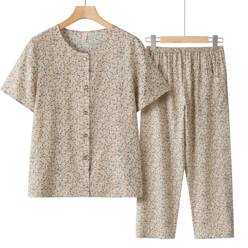 Летний костюм для мамы, хлопково-шелковая рубашка с короткими рукавами, комплект из двух предметов для пожилых людей, женская одежда для женщин среднего и пожилого возраста, бабушка, рубашка