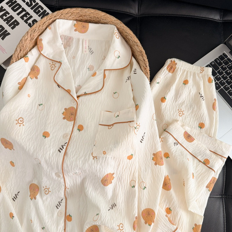 Al por mayor transfronterizo 2026 nuevo pijama de mujer nubes de algodón pantalones de manga larga cardigan con solapa de dibujos animados ropa para el hogar se puede usar fuera