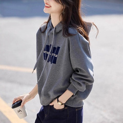 灰色抽绳印花连帽卫衣女2025秋季新款时尚宽松休闲帽衫小个子上衣