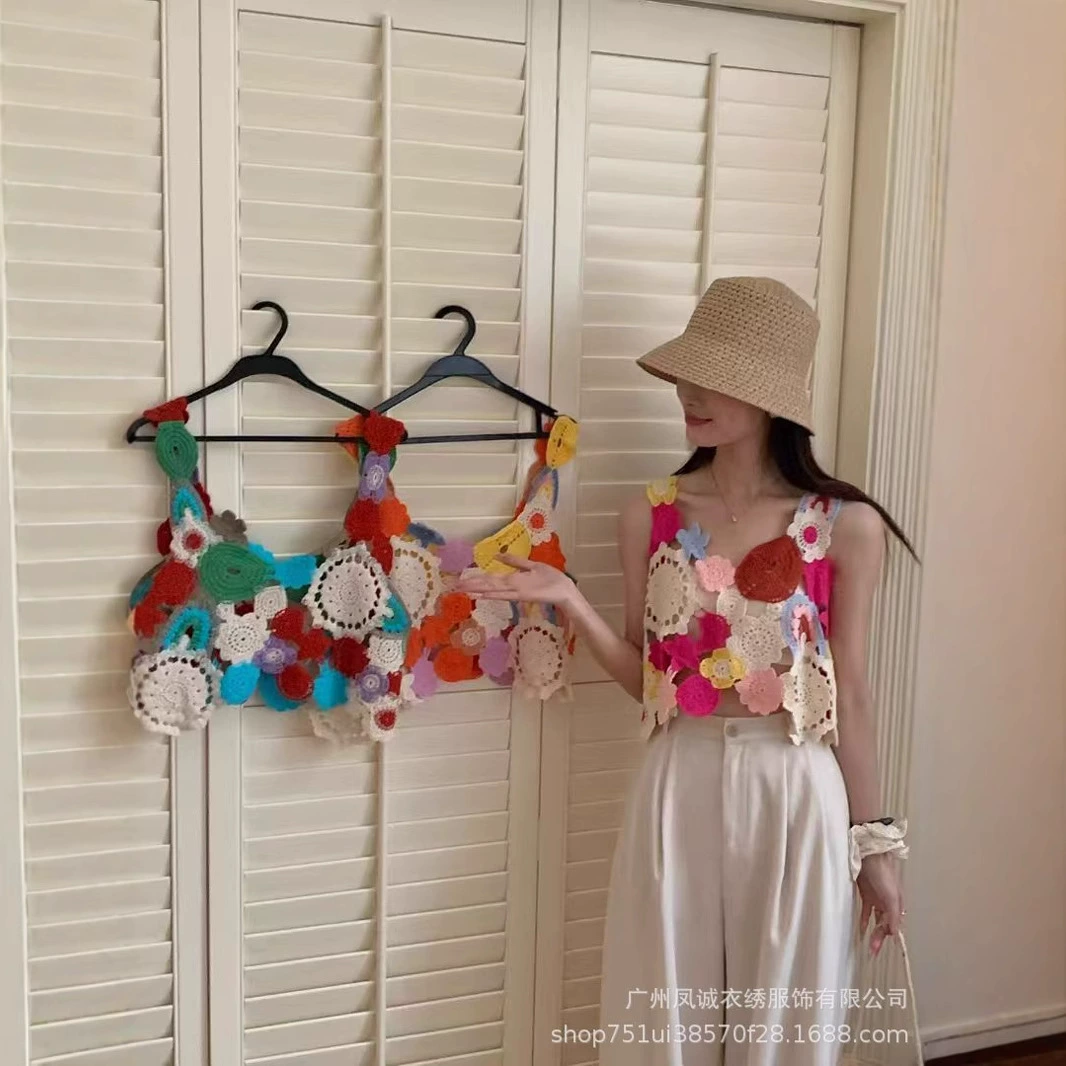 Новый летний женский милый вязаный топ с цветочным принтом и цветочным принтом, милый вязаный топ