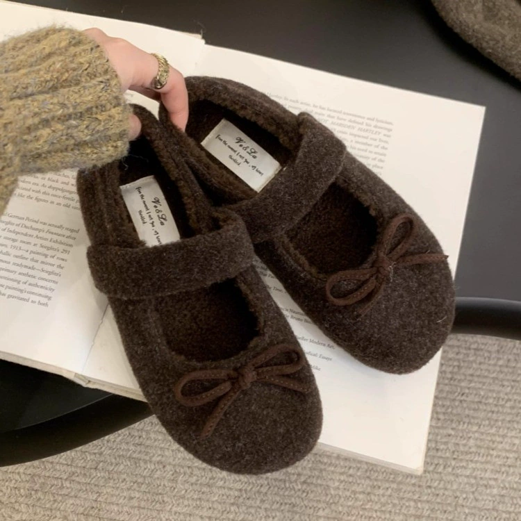 Женские туфли Mary Jane с бантиком, серая плюшевая модель Birkenstock, мелкая балетка-слипон с пушистым верхом